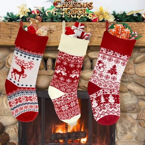 Shinee one Christmas Stocking Set of 3, 18 inch Large Knitted Xmas Stockings for Tree Decoration, Personalised Sock Gift Bag for kids/Adults/Teenagers, Stockings Christmas for Fireplace Ornam