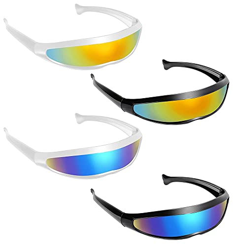 THATSRAD 4 Stück Futuristische Sonnenbrille Zyklop brille Rollenspiel Futuristische Brille Space Brille Alien Brille Set Farbiger Blau Schnelle Rave Brille Damen Herren für Party Cosplay Requisiten