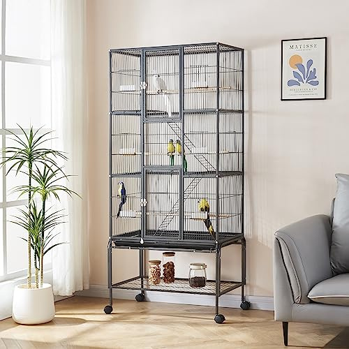 Panana Large Bird Cages Parrot Cage Wide Flight Metal Animal Cage for Budgie Parakeet Conure With Rolling Stand Wheels (Black, 77L x 46W x 175H)