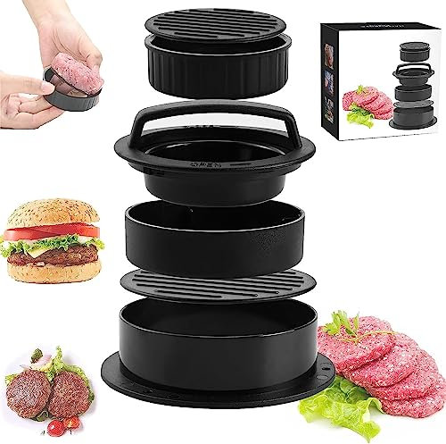 Burger Press,3 in 1 Non-Stick Stuffed Burger Press Hamburger Patty Maker Kit, Manual Plastic Burger Maker Mold for Perfect Round & Delicious Stuffed Burgers (Black)