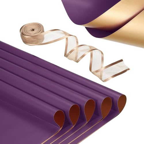 PATIKIL 20 Sheets Flower Wrapping Paper, Waterproof Flower Paper Wraps with Ribbon Floral Bouquet Supplies for DIY Crafts Packaging Bouquet, 22.8x22.8 Inch, Dark Purple/Gold Tone