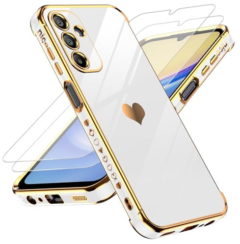 LeYi Cover per Samsung Galaxy A15 5G Custodia con Vetro Temperato [2 Pack], Amore Cuore Paraurti Morbido TPU Sottile Case con Protezione Fotocamera per Samsung A15 Donne, Bianco