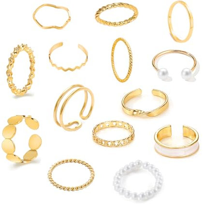 LOCCY 14 Stück Vintage Silber/Gold Knuckle Ringe Set für Frauen Teen Girls, Boho Snake Stackbare Fingerringe Verstellbarer Böhmisch Stapelbare Gelenkfinger Ringe (Gold Set#2-14Pcs)