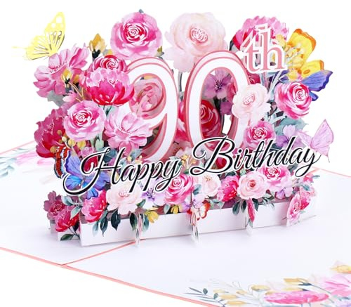 Ghope 90. Födelsedagskort, 3D popup-kort för 90-årsdagspresent, pop up födelsedag gratulationskort för kvinnor mödrar fru män vänner romantik presentkort