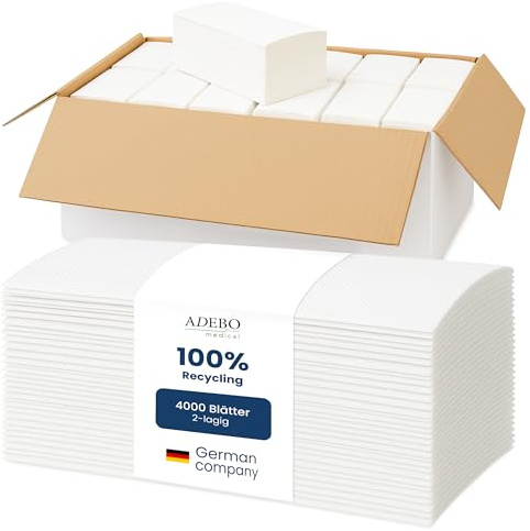 4.000 Papierhandtücher | 2-lagig | ZZ-Falz Falthandtücher | weiße Recycling Papiertücher, 25×21 cm | weiche & saugfähige Einweg Handtücher für Spender