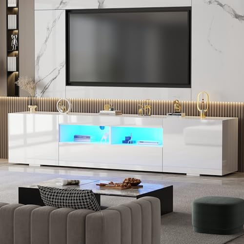 BSTSEL 200CM White/Black High Gloss TV Stand Cabinet Entertainment Unit with LED Lights Free Standing TV Cabinet with Storage for Living Room up to 75 TV (White High Gloss)