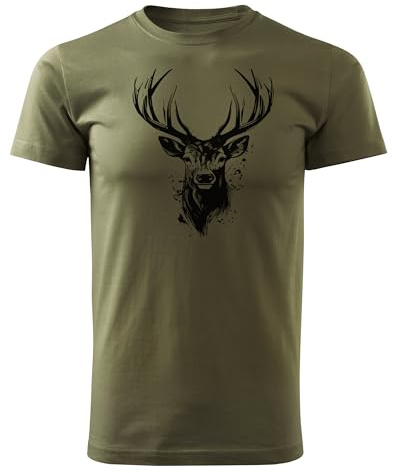 HUNT-G61 - T-Shirt für Jäger - Tshirt Herren - aus Baumwolle, Bequeme Passform - Jagd Geschenke, Geschenk für Jäger, Förster - Grün, mit Motiv Hirsch - XL