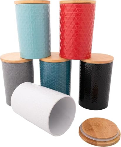 6er Set schöne Ø11x17cm Dosen Keramik INARI Steingut Keramik Vorratsdosen Keksdosen Aufbewahrungsdosen, Frischhaltedosen mit Holzdeckel, Kautschukholz-Deckel