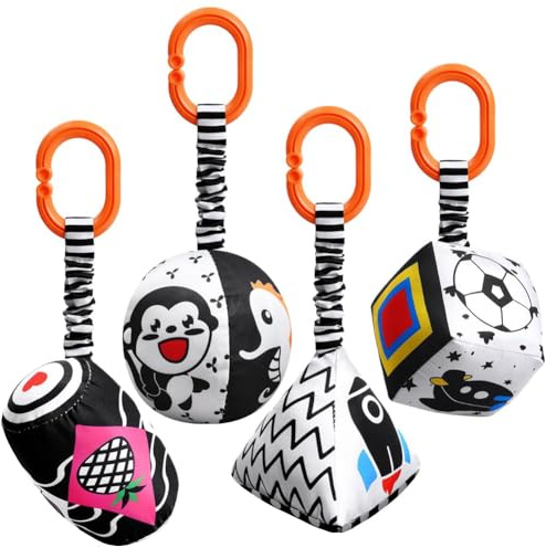 Aolso Giocattoli per Passeggino, 4 Giocattoli A Sonaglio da Appendere, Giocattolo per Bambini Ad Alto Contrasto, Educativo di Peluche per Neonato, Regalo per Bambini Neonato 0 3 6 9 12 Mesi