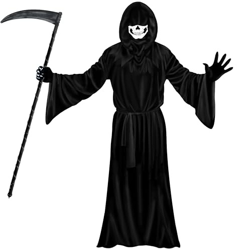 A-SZCXTOP Grim Reaper Costumes Set for Mens & Adults, Halloween Scary Ghost Phantom Cosplay Masquerade Tunic Costume with Scythe & Gloves & Hood (Black, 150cm / 59 for ages 14+)