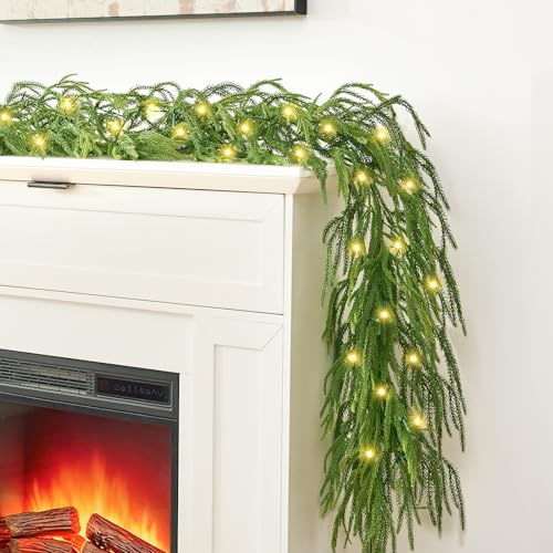EzKamfort 9FT Christmas Garland Decoration with 50 Warm Led Lights, Real Touch Norfolk Pine Garland Pre lit Christmas Cedar Garland for Door Table Stair Fireplace