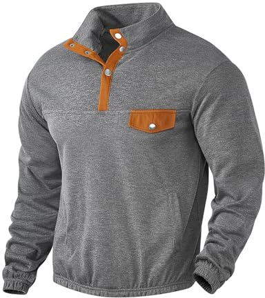 PRIVIMIX - Sudadera para hombre sin capucha con botones y suéter de cuello alto, cálido, sudaderas de manga larga, cuello alto, M-3XL, gris, L