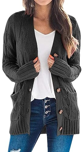 Kashmirtröja för kvinnor, öppen framsida, button-down-cardigan med fickor, långärmad mysiga stickade toppar kashmirtröjor för kvinnor, Mörkgrått, XXL