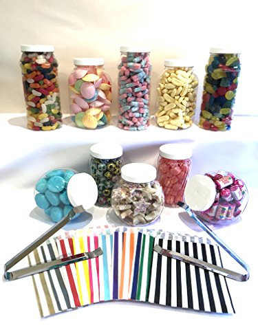 Ensemble de buffet à bonbons blancs assortis avec 10 pots à bonbons en plastique, 2 pinces et 100 sacs