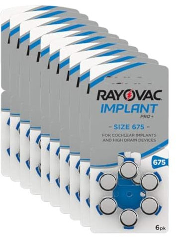 Rayovac Implant Pro+ - Pilas de audifono Zinc Aire A675/PR44, Pack de 60 Unidades, Color Azul