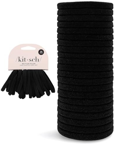 Kitsch Black Hair Ties 20pcs No Damage - Hair Bands for women - Strong Stretchy Hairbands & Hair Bobbles - Soft Nylon Hair Elastics, Snag-Free Rubber Bands for Updos & Braids