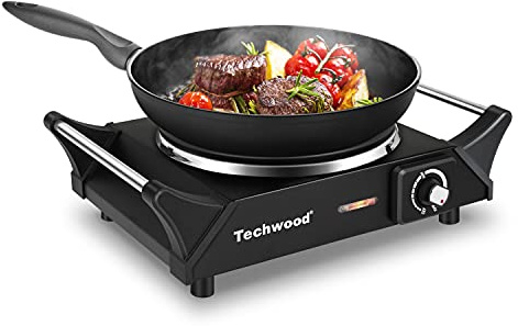 Hot Plate, Techwood Electric Stove for Cooking, 1500W Countertop Single Burner with Adjustable Temperature and Handles, 7.3” Cooktop for RV/Home/Camp, Compatible for All Cookwares Black