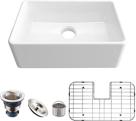 Lavello da cucina per fattoria piccola da 61 cm Lavello in ceramica Grembiule lavello frontale con filtro e griglie a pavimento