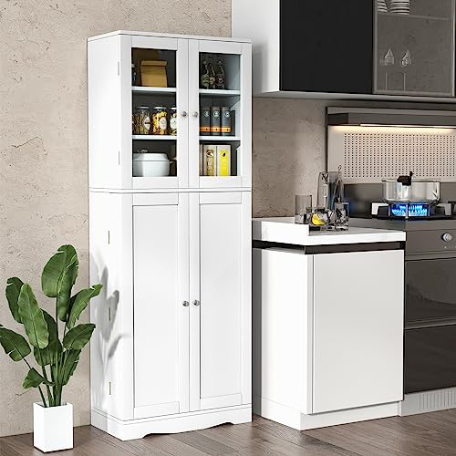 COSTWAY Credenza da Cucina, Dispensa da Cucina con Doppia Porta in Vetro Temperato, Armadio Salvaspazio con Anta Profonda a 14 Ripiani, per Soggiorno, Sala da Pranzo e Bagno, 60 x 32 x 161cm (Bianco)