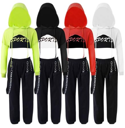 Barielle 10011 Tredelad hiphop-outfit för barn, huvtröja med nätärmar, crop topp, cargobyxor med kedjedesign, danskläder, vit, 146-152