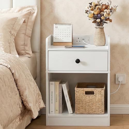 HOOBRO Bedside Table with Charging Station, Sofa Side Table with USB, Bed Side End Table with Socket, Nightstand with Drawer and Open Shelf, for Bedroom, Living Room, White EWT18KBZ01