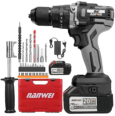 ERYUE Taladro percutor de 1/2 pulgada,Baterías de destornillador de taladro inalámbrico de 21 V Par máximo 200 N.m Portabrocas de metal sin llave de 1/2 pulgada 20 + 3 posiciones 0-2150RMP Destornilla