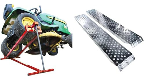 VOUNOT Rasenmäherheber, Rasenmäher Jack & 2X Auffahrrampe 400kg Verzinkter Stahl, rutschfest Laderampe für Motorrad, Anhänger, Rasenmäher, Rasentraktor, Länge 135cm