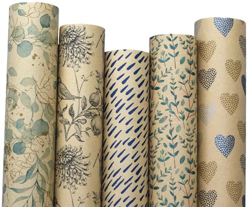artwelten Home & Style Geschenkpapier-Set – 5 Rollen (2m x 70cm) | Nachhaltiges Kraftpapier aus Recycling-Papier | Naturmuster für Geburtstage & festliche Anlässe
