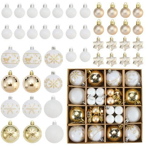 44 Piezas Bolas Arbol de Navidad, Juego de Bolas de Navidad, Adornos para Arbol de Xmas, Christmas Ball,Decoracion de Vacaciones Hogar, para Fiesta, Blanco y Oro