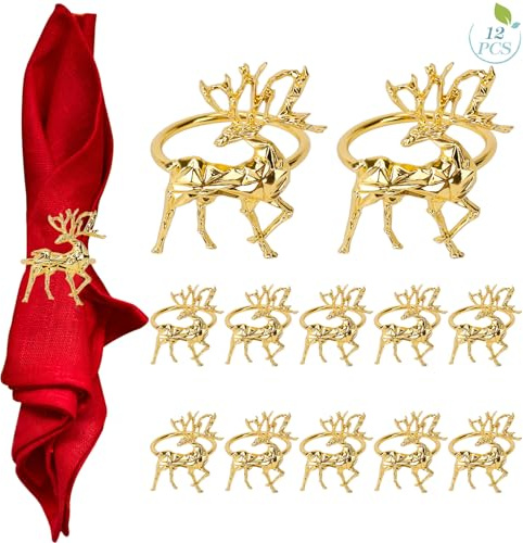 12 stycken jul renar servettringar, 3,5 cm hjort servetthållare ren servettspänne för jul Thanksgiving party semester bröllop bordsdekoration (guld)