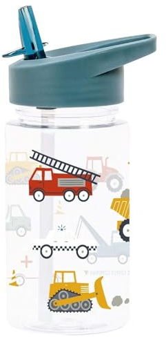 A LITTLE LOVELY COMPANY vattenflaska för barn 450 ml, drickflaska med sugrör, praktiskt utlopp, design: Fordon