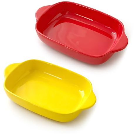 BEYGIH Moldes de cerámica de 9 x 5 pulgadas, 2 moldes individuales para lasaña rectangular con asa, cazuela para horno, horno a mesa, platos para pasteles/cazuelas/pastas/pasteles