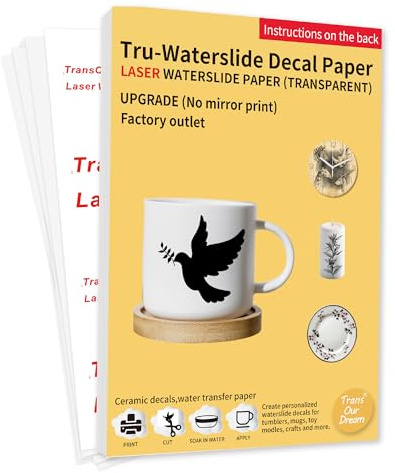 TransOurDream Tru-Laser Waterslide Decal Paper Clear Wet Slide Transfer A4 x10 Sheets Transparent Ceramic Printable Vinyl for Laser Printer (LW0-10)