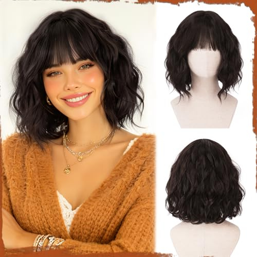 Sofeiyan Peluca Bob Marrón Oscuro para Mujer, 30 cm Peluca Corta Ondulada con Flequillo Sintética Resistente al Calor Estilo Natural para Diario y Fiesta