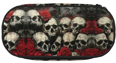 UVBDF Skull and Red Rose Pencil Case for Men Women,Portable Pencil Pouch Aesthetic, Zipper Cases for Office Organizer