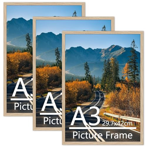 Vasemouh A3 Picture Frame Pack of 3, A3 Natural Wood Color Frame, Horizontal or Vertical Wall Hanging for 29.7x42cm Posters, Prints, Artwork