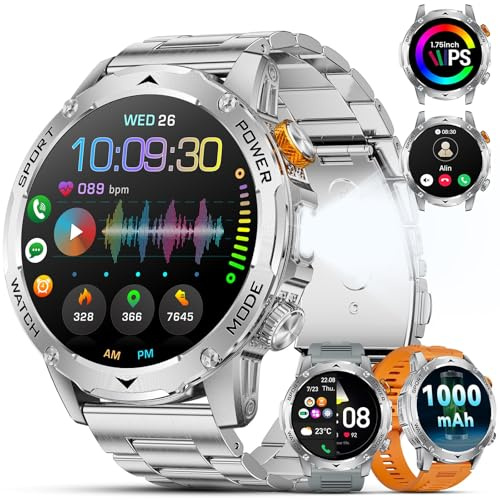 ESFOE Smartwatch män militär med 1 000 mAh batteritid/LED-ficklampa/3 armband/5 ATM vattentät, 1,75 tum smartklocka med telefonfunktion, utomhus smart klocka fitnessklocka sportklocka Android iOS
