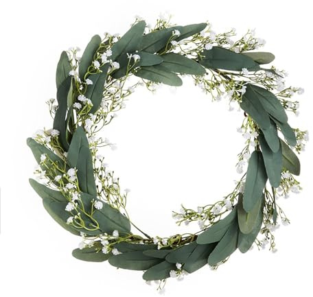 Dörrkrans sommar, konstgjord brudkrans, bambublad, krans 40 cm/16 tum, grön väggkrans, eukalyptus, dörrkrans, året runt, för ytterdörr
