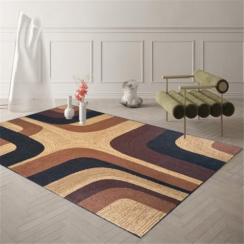 Square Rug for Boys' Desk 200x200CM Multi-Color Brown Geometric Retro Pattern Easy Care Area Rug for Bedroom Stylish Floor Mat Soft Carpeting
