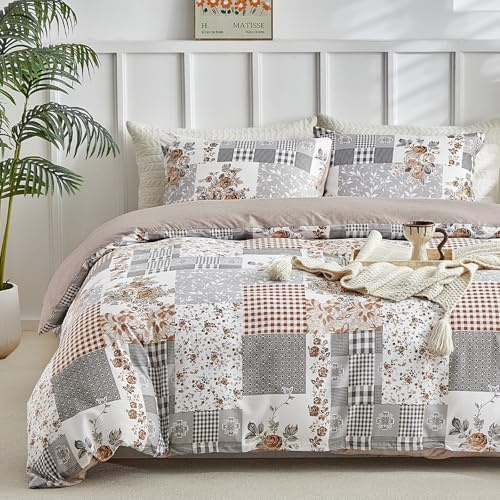 Tokokimo Funda Nórdica Cama 135/150, Flores de Patchwork Patrón Funda Nordica, Microfibra Funda Edredon 3 Piezas Compuesto por 1 Funda Nórdica 220x240 + 2 Fundas de Almohada 50x75, Light Beige