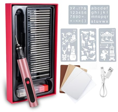 Elektrisches Graviergerät für Glas & Holz, Glasgravur Set zum Gläser Gravieren, Mini Fräser Gravurset mit 30 Bits, 3-Stufen Drehzahl, 10W Gravierstift für DIY & Handwerk, Roségold