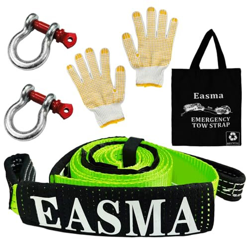 Tow Rope 5M x 5cm, Heavy Duty Recovery Towing Strap 10 Ton (22,000 Lbs) Towing Strap with 2 D Ring Reinforced Shackles for Car, Truck, Off-Road, SUV, UTV, ATV Emergency Car Kit Accessories (Green)
