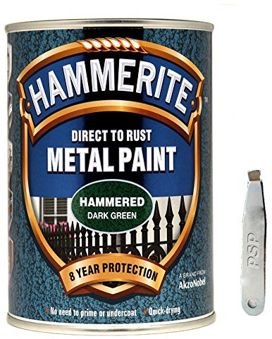 Hammerite Direct To Rust Metal Paint Hammered Finish Dark Green 5L with PSP paint tin opener