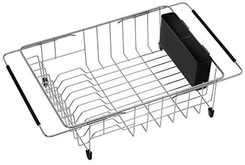 iPEGTOP Expandable Multifunctional Dish Drying Rack, Over The Sink, in Sink Or On Counter Dish Drainer Basket Shelf with Black Utensil Silverware Holder, Rustproof Stainless Organizer