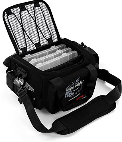 normani Angeltasche wasserdichte Forellenseetasche mit 4 Tackle Boxen Köderboxen Spinnfischentasche Angelbox Angelzubehör Angelrucksack für Angler Farbe Dunkelschwarz