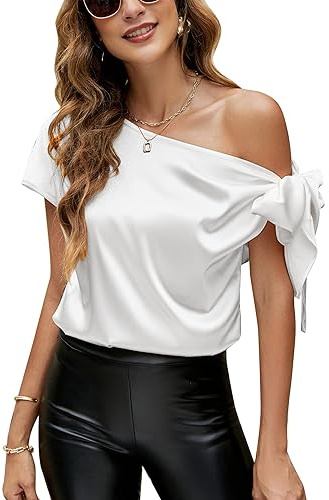 VIDUSSA Satin Chemisiers Blouses Femme Épaule décolletée Chemise Chic Élégante Casual Soie Shirts Tops Hauts Blanc XXL