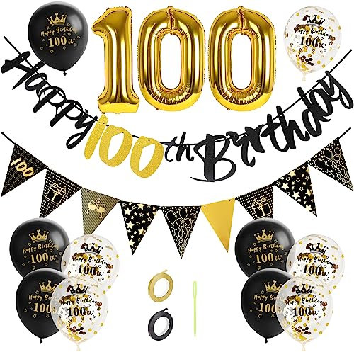 GoldRock 100 Geburtstag Dekoration für Männer und Frauen - Ballons, Happy Birthday Girlande, Folienballon Zahl 100