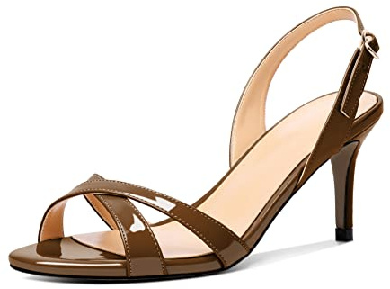 Mettesally Women’s Open Toe Slingback Sandals Ankle Strap Kitten Heels Sparkly Cross Strappy D'Orsay Heeled Office Dressy Shoes Brown UK5