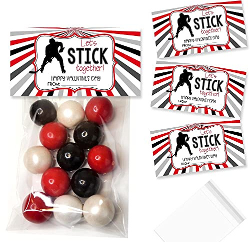 Amanda Creation Let's Stick Together Hockey Themed Happy Valentine's Day Bag Toppers for Party Favor Treat Bags, Set of 20 Bag Toppers With 20 Self-Adhesive Bags Also Included