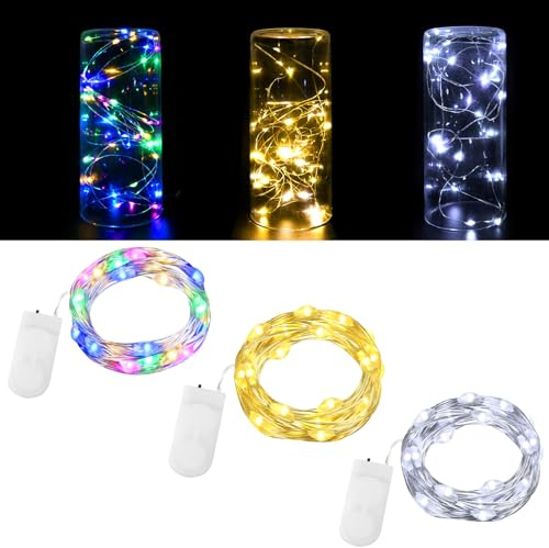 Dalugo Lot de 3 mini guirlandes lumineuses à piles 2 m 20 LED pour bouteille, chambre à coucher, décoration d'intérieur, fête, mariage, Noël - Multicolore